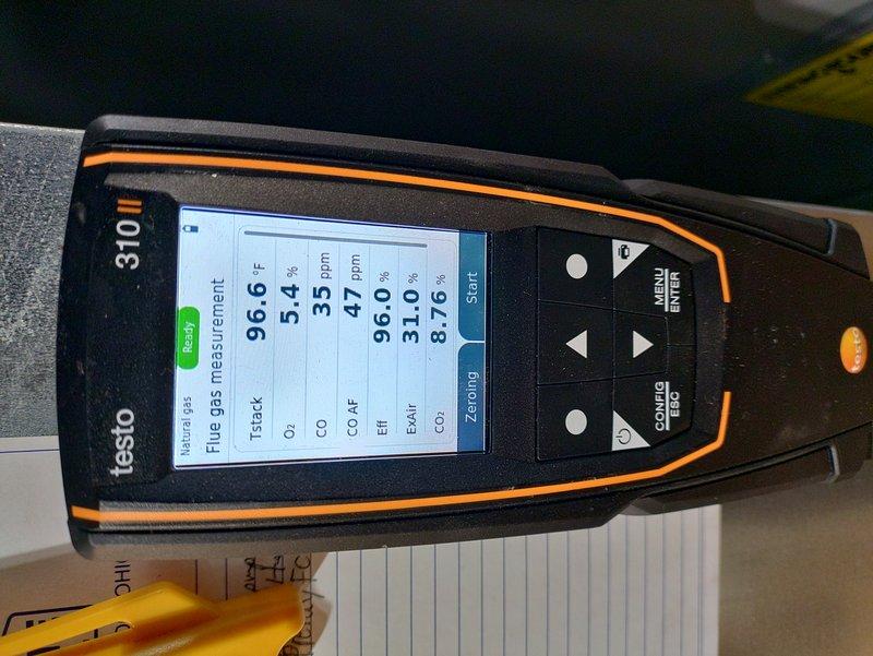 Performed comprehensive heating maintenance and combustion analysis on HVAC system. Conducted flue gas measurements using Testo 370 analyzer, recording oxygen levels at 96.6%, carbon monoxide at 5.4 ppm, and other combustion parameters to verify safe and efficient operation. Inspected internal components including heating element, air filter, control board, and electrical connections to ensure proper system functionality.
