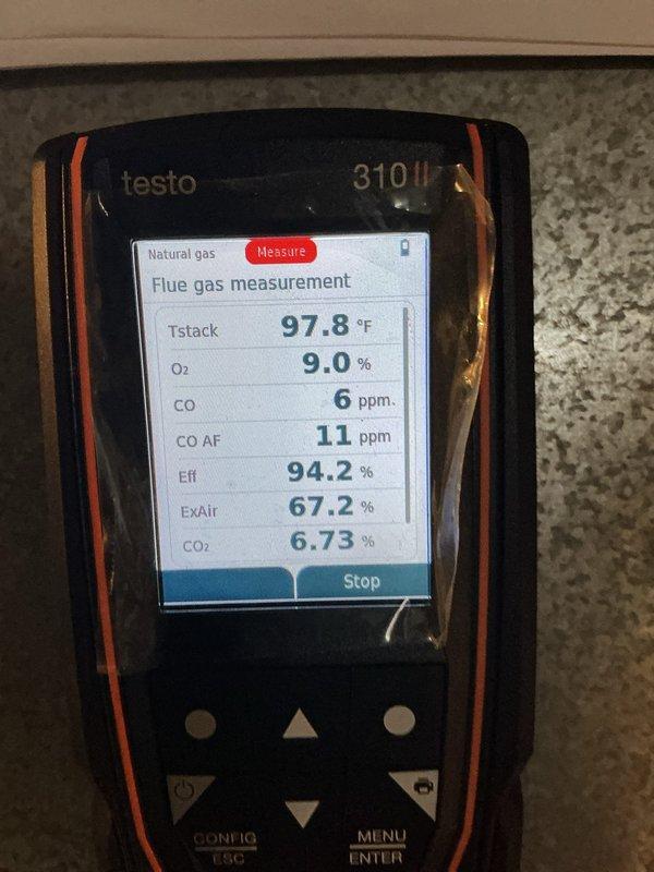 Completed scheduled heating maintenance on residential HVAC system. Performed comprehensive system inspection and combustion analysis using Testo 310 II flue gas analyzer, confirming optimal performance with stack temperature of 97.8°F, oxygen level at 9.0%, carbon monoxide reading of 6 ppm (11 ppm air-free), and system efficiency at 94.2%. Replaced two air filters and verified proper operation of all heating components.