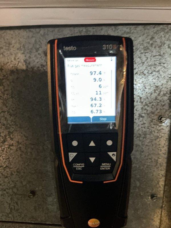 Completed scheduled heating maintenance on residential HVAC system. Performed comprehensive system inspection and combustion analysis using Testo 310 II flue gas analyzer, confirming optimal performance with stack temperature of 97.8°F, oxygen level at 9.0%, carbon monoxide reading of 6 ppm (11 ppm air-free), and system efficiency at 94.2%. Replaced two air filters and verified proper operation of all heating components.