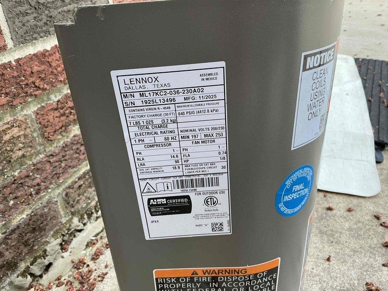 Performed seasonal A/C start-up and post-installation inspection on Lennox ML17XC2-036-230A02 unit. Identified two unsealed penetration holes requiring attention to maintain system integrity and prevent potential efficiency loss. Unit operational and manufacturer specifications verified during inspection.