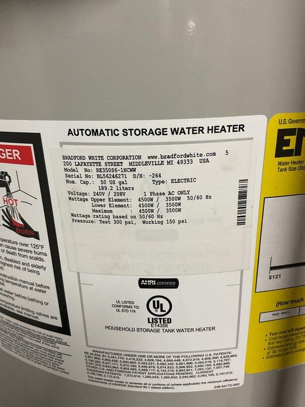 Installed a new Bradford White 50-gallon short electric water heater in the utility room. Connected copper supply lines and electrical service to the unit, ensuring proper voltage configuration for the 240V/208V dual-element system with 4500-watt heating elements. Verified all connections, tested unit operation, and confirmed compliance with manufacturer specifications and safety standards.