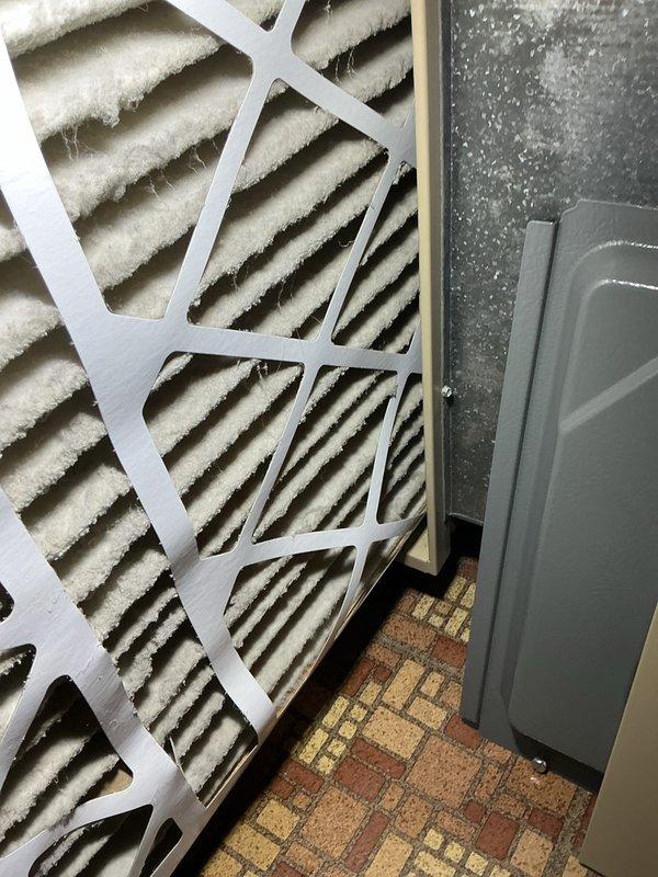 Completed MVP recurring cooling maintenance visit on residential HVAC system. Inspected air filtration system and documented pleated air filter showing moderate dust accumulation, indicating normal operation and particle capture. Performed internal system inspection using borescope camera to assess ductwork and mechanical components for proper condition and functionality.