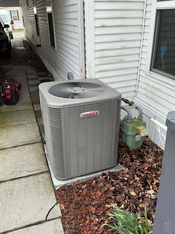 Completed MVP maintenance on 2-year-old Lennox condensing unit and matching air handler system. Performed comprehensive cooling season inspection including refrigerant charge verification, electrical connections testing, condenser coil cleaning, and airflow measurements. All components operating within manufacturer specifications with no deficiencies noted.