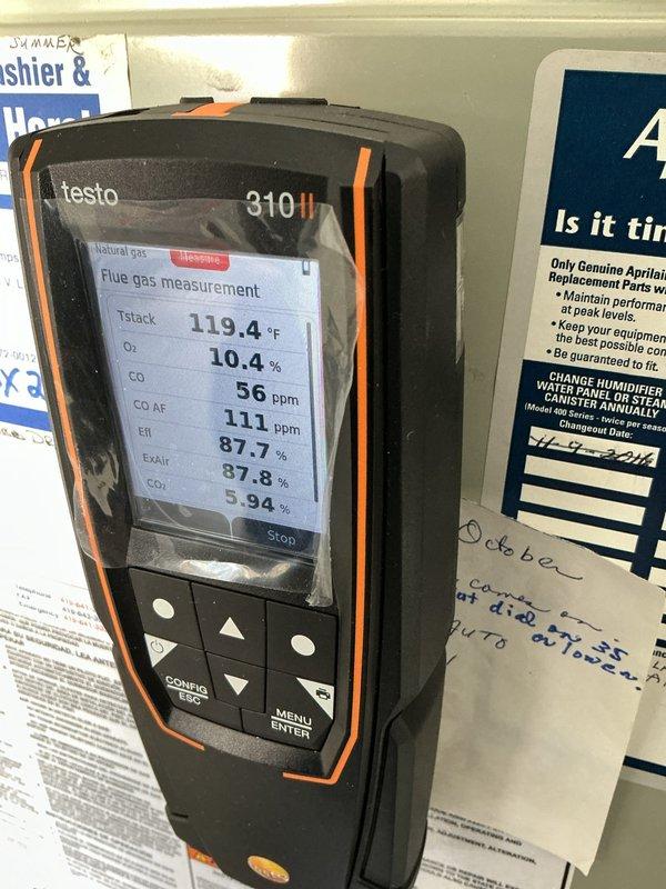 Responded to no heat call on 15-year-old furnace system. Upon arrival, performed comprehensive diagnostic assessment including combustion analysis using flue gas analyzer. Testing revealed elevated carbon monoxide levels at 56 ppm in flue gas with 111 ppm air-free CO reading, indicating incomplete combustion. Stack temperature measured at 119.4°F with combustion efficiency at 87.7% and oxygen level at 10.4%. Inspected air filter and found moderate debris accumulation affecting airflow. Given the age of the unit, elevated CO levels, and overall system condition, recommended replacement due to safety concerns and declining efficiency. Discussed options with occupant and provided equipment recommendations suitable for condo installation.