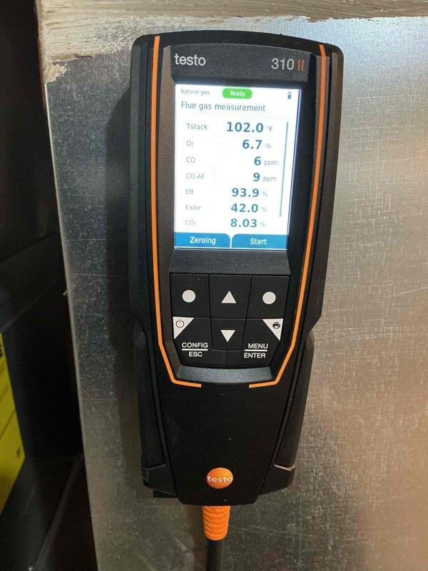 Performed comprehensive furnace tune-up and combustion analysis on natural gas heating system. Conducted flue gas testing using calibrated analyzer, confirming optimal combustion efficiency at 93.9% with carbon monoxide levels at 6 ppm, oxygen content at 6.7%, and stack temperature at 102°F—all readings within manufacturer specifications and safety standards.