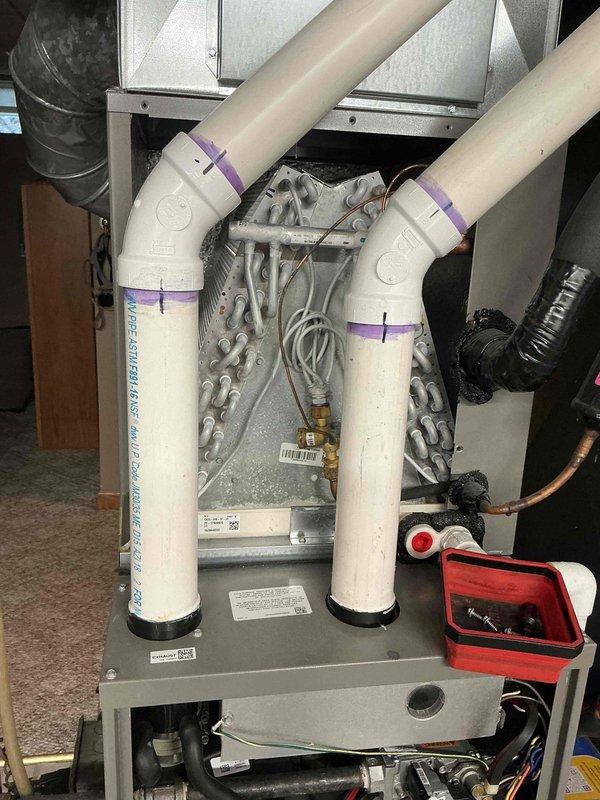 Completed routine MVP air conditioning maintenance on 5-year-old cooling system. Performed comprehensive inspection using borescope camera to examine internal ductwork and components for debris, blockages, and structural integrity. Inspected heat exchanger assembly, verified proper operation of condensate drain lines with P-trap configuration, and checked all mechanical connections and fittings. All components found to be functioning within normal parameters and system cleared for continued operation under maintenance plan coverage.