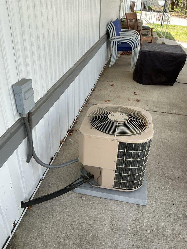 Completed routine air conditioning maintenance visit on residential cooling system. Performed comprehensive inspection of outdoor condensing unit, verified proper electrical connections and wiring integrity, checked refrigerant lines for leaks or damage, and confirmed unit operation. All components found to be functioning within normal parameters with no repairs required at this time.