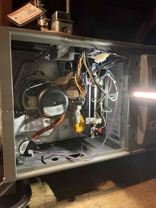 Completed scheduled furnace maintenance on two residential HVAC units located upstairs and downstairs. Performed comprehensive inspection of both systems including blower motor assemblies, electrical connections, wiring harnesses, and condensate drain lines. Verified proper operation of all components, checked gas connections and venting, and confirmed both units are functioning within manufacturer specifications.
