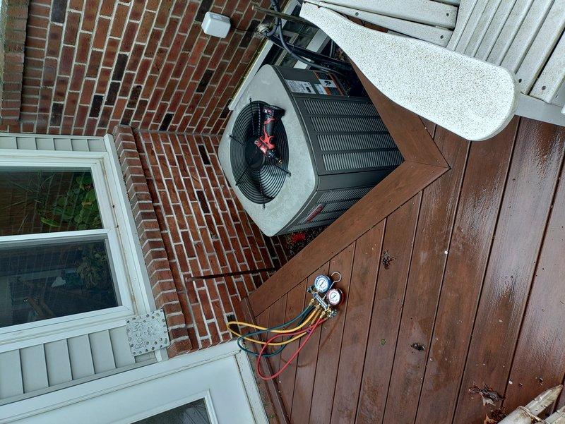 Completed MVP cooling maintenance on 15-year-old residential air conditioning system. Performed comprehensive system inspection of outdoor condensing unit and indoor air handler components. Utilized manifold gauge set to check refrigerant pressures and verify proper system operation. Inspected ductwork, electrical connections, and mounting hardware throughout the system. All components found to be functioning within normal parameters. System operational and ready for continued service.