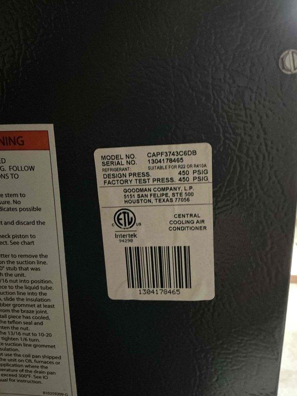 Completed maintenance visit on a 10-year-old Goodman/Amana central air conditioning system, model CAPF3743G6DB. Performed standard cooling system inspection and preventative maintenance procedures on the outdoor condensing unit, verified proper operation of all components, and documented equipment condition through photographic records for the customer's first service call with our company.