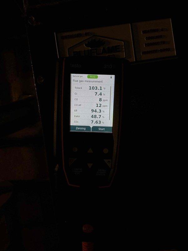 Completed comprehensive heating and air conditioning maintenance service on residential HVAC system. Performed combustion analysis using flue gas analyzer, which confirmed optimal system performance with efficiency reading of 94.3%, oxygen level at 7.4%, carbon monoxide at 8 ppm, and stack temperature of 103.1°F—all measurements within acceptable parameters and receiving a PASS rating. Conducted thorough inspection of furnace unit, ductwork connections, and associated mechanical components to ensure proper operation and safety compliance.