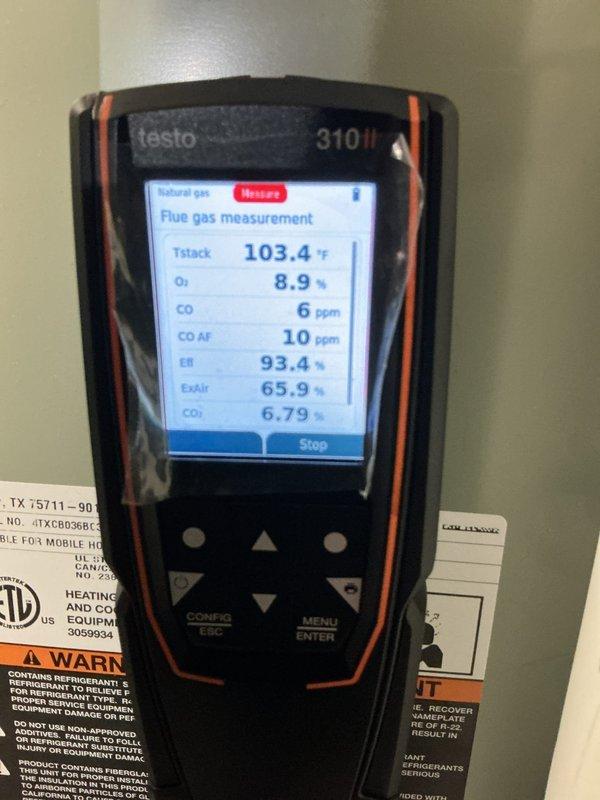 Completed initial heating and cooling maintenance visit on 17-year-old HVAC system. Performed comprehensive inspection of furnace burner assembly, noting oxidation present on burner tubes and heat exchanger components consistent with system age. Conducted flue gas analysis using combustion analyzer, measuring stack temperature at 103.4°F, oxygen level at 8.9%, carbon monoxide at 6 ppm, and combustion efficiency at 93.4%. System operating within acceptable parameters. Renewed maintenance agreement during visit.