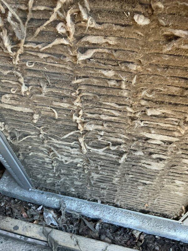 Performed comprehensive AC tune-up on 2-year-old outdoor unit. Inspected evaporator coils and found heavy accumulation of dust, lint, and debris significantly restricting airflow between fins. Cleaned coils thoroughly to restore proper heat transfer efficiency. Inspected electrical connections and control board wiring, verifying all connections were secure and functioning properly.