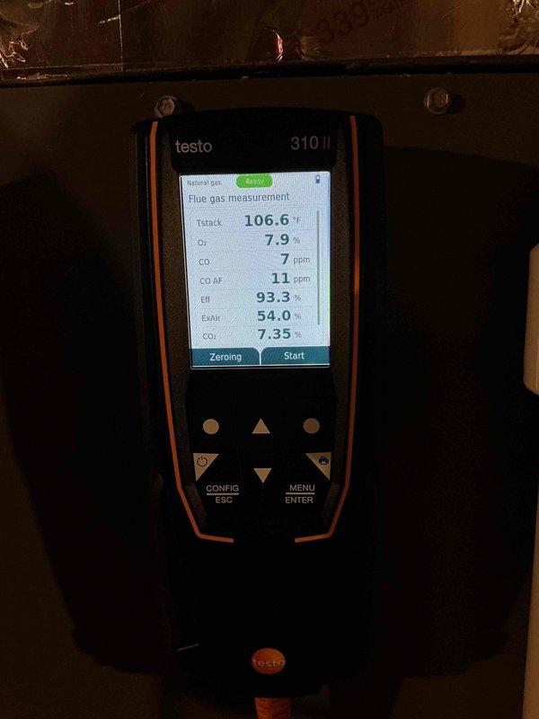 Completed comprehensive maintenance on 3-year-old furnace and air conditioning system. Performed combustion analysis on gas furnace using Testo 310 II analyzer, confirming optimal performance with 93.3% efficiency, CO levels at 7 ppm, and proper oxygen content at 7.9%. Inspected Lennox outdoor condenser unit, verified operational condition, and cleared debris from surrounding area to ensure adequate airflow and system longevity.