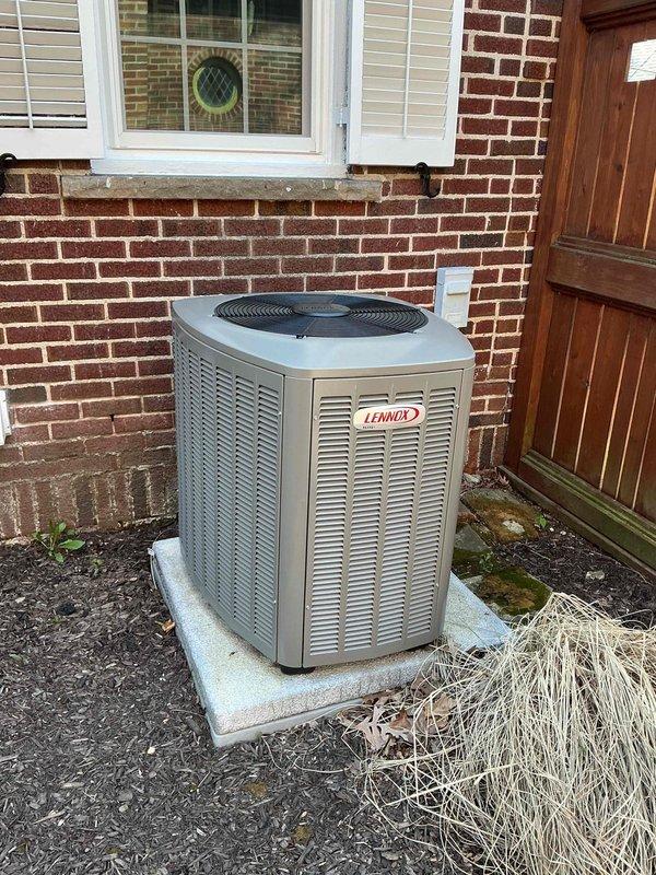 Completed spring maintenance on 3-year-old Lennox air conditioning system. Performed comprehensive inspection of outdoor condenser unit, checked refrigerant lines, verified electrical connections, and confirmed proper operation of fan assembly and compressor. System operating within normal parameters with no issues identified.