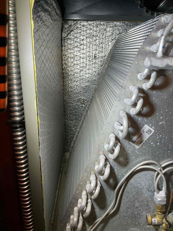 Completed annual air conditioning maintenance and tune-up on residential HVAC system. Inspected evaporator coil and heat exchanger, confirmed proper condensation and refrigerant flow through serpentine tubing, verified all connections and fittings secure, and renewed system maintenance agreement.