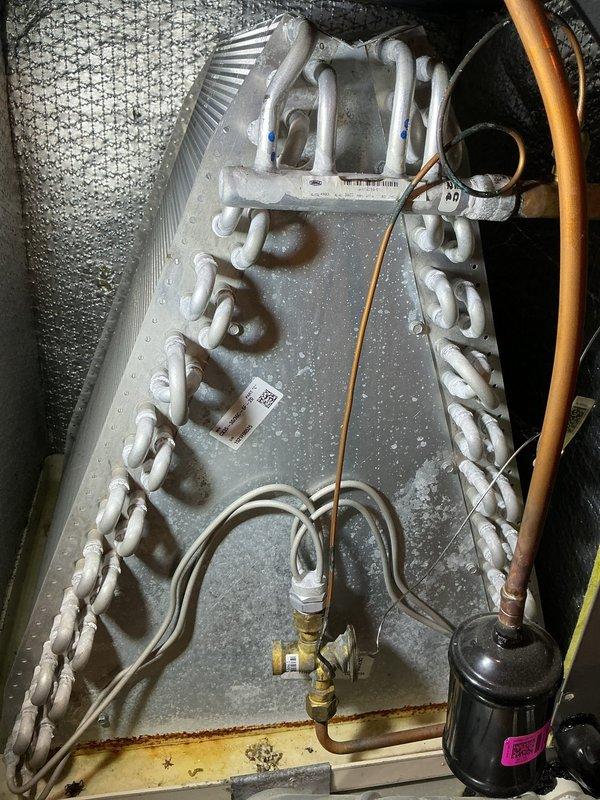 Completed annual air conditioning maintenance and tune-up on residential HVAC system. Inspected evaporator coil and heat exchanger, confirmed proper condensation and refrigerant flow through serpentine tubing, verified all connections and fittings secure, and renewed system maintenance agreement.