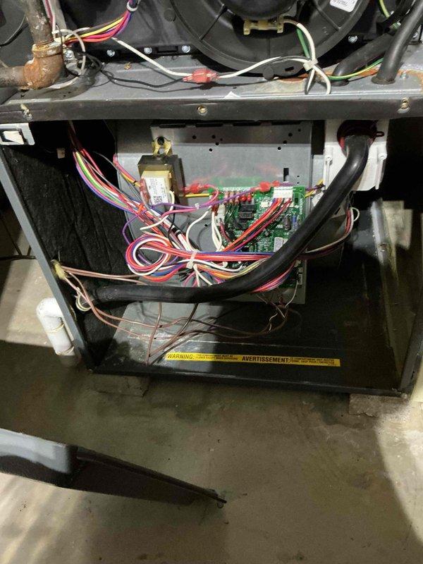 Completed scheduled cooling maintenance on residential HVAC system approximately 3-4 years old. Performed comprehensive inspection of all internal components including compressor unit, blower motor assembly, control board, electrical connections, refrigerant lines, and gas valve assembly. Verified proper operation of all system components, checked wire connections and color-coded electrical routing, and inspected condensate management system. All components found to be in good working condition with normal operational wear consistent with unit age.