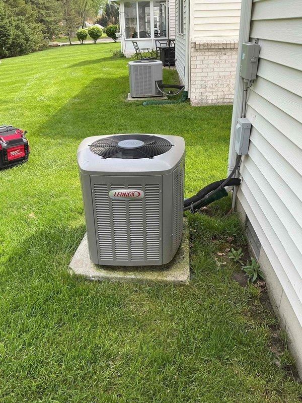 Completed routine AC tune-up on 4-year-old Lennox outdoor condensing unit. Performed standard maintenance procedures including inspection of electrical connections, refrigerant levels, and overall system operation to ensure optimal cooling performance for the upcoming season.