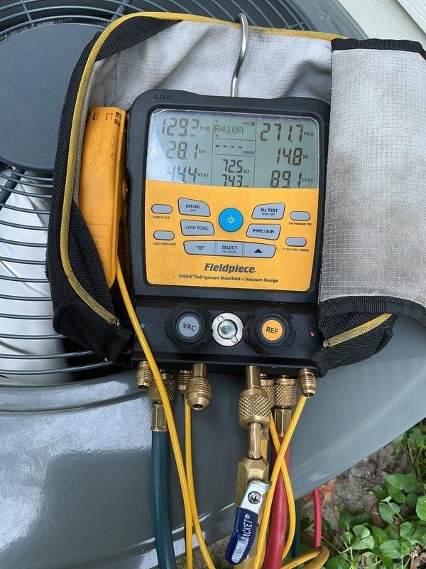 Responded to service call for 9-year-old central air conditioning system with non-operational outdoor fan. Upon arrival, performed diagnostic testing using refrigerant manifold gauges to assess system pressures and temperatures. Identified electrical fault in outdoor unit fan motor circuit. Repaired wiring connections at condensing unit, secured all electrical connections with appropriate wire nuts, and verified proper voltage supply to fan motor. System tested and restored to full operational status with outdoor fan running properly and unit cooling effectively.
