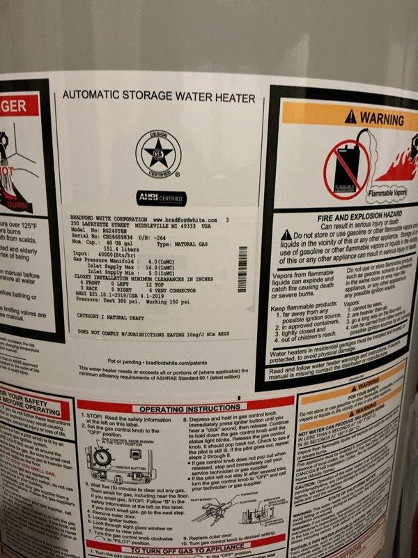 Completed installation of a 40-gallon natural draft water heater in basement utility area. Removed existing unit and installed new Bradford White CR50H6B3N model with 50,000 BTU/H input rating, manufactured for natural gas fuel type. Replaced gate valve on cold water supply line to ensure proper shutoff capability and code compliance. Verified all gas connections for proper sealing and tested for leaks using approved methods. Confirmed proper venting configuration for natural draft operation and adequate combustion air supply. Set temperature controls to manufacturer specifications and cycled unit through initial startup sequence. Tested temperature and pressure relief valve for proper operation and verified discharge piping meets safety requirements. Inspected all water connections at inlet and outlet ports for secure fittings without leaks. Confirmed unit is level and properly supported on stable surface. Verified clearances meet manufacturer requirements for safe operation and futur