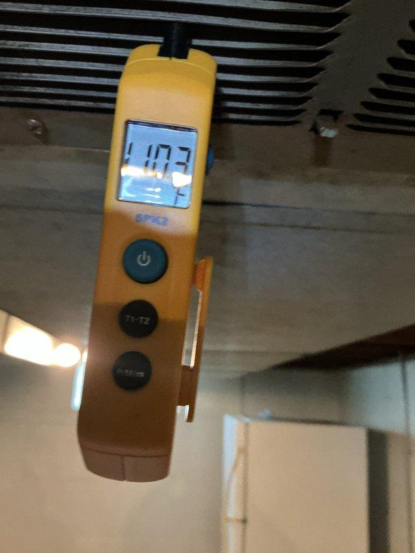 Completed maintenance value package furnace tune-up on basement unit in under 10 minutes. Performed system diagnostics and temperature measurements using digital instrumentation, recording supply air temperature of 403°F and return air temperature of 23.2°F, confirming proper heat exchanger operation and temperature rise within manufacturer specifications. Inspected heat exchanger coils, verified all components operating normally, and documented system performance with photographic evidence.
