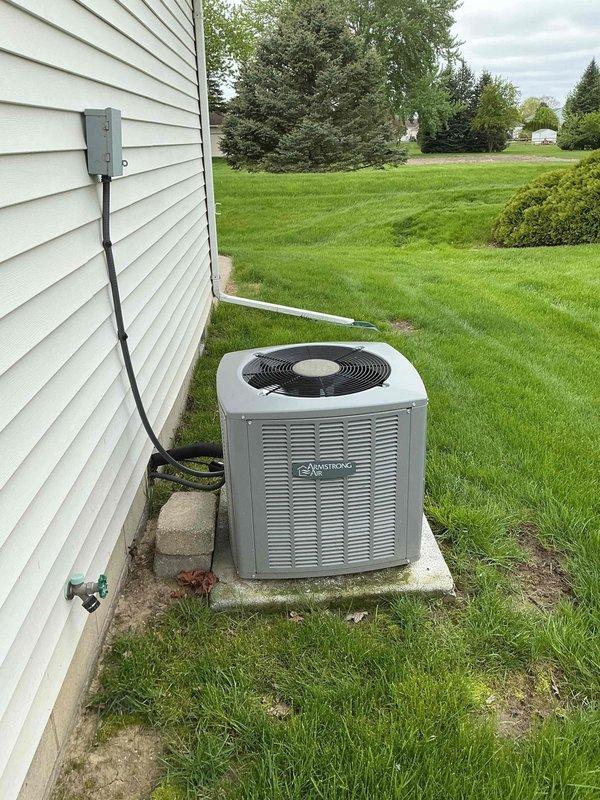 Completed comprehensive air conditioning tune-up on 5-year-old Armstrong outdoor condensing unit. Performed standard preventative maintenance procedures including inspection of electrical connections, refrigerant levels, condenser coil cleaning, and verification of proper system operation to ensure optimal cooling performance for the upcoming season.