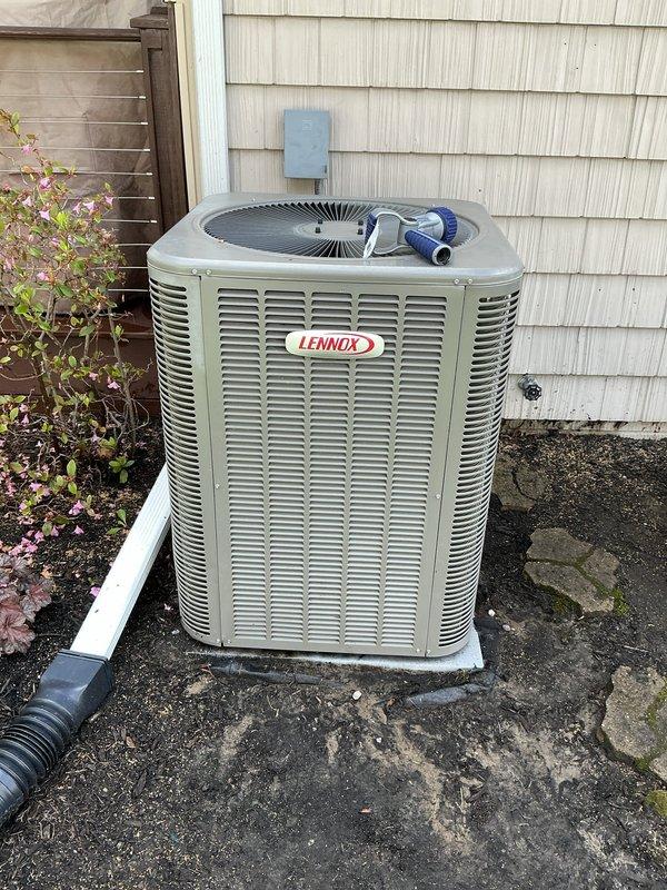 Completed scheduled cooling system tune-up and maintenance on Lennox air conditioning unit. Performed comprehensive inspection of outdoor condensing unit, verified proper operation of all components, and documented equipment condition with photos. System operating within normal parameters upon completion of maintenance service.