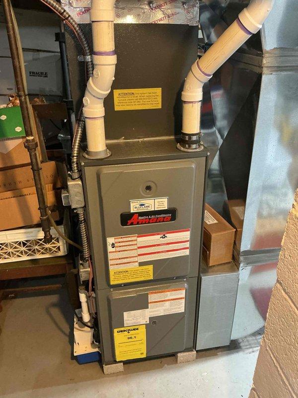 Completed routine air conditioning tune-up on 5-year-old Amana outdoor condensing unit. Performed standard maintenance inspection including checking refrigerant levels, cleaning condenser coils, testing electrical connections, and verifying proper system operation. Unit found to be in good working condition with no immediate repairs needed.