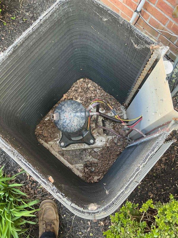 # HVAC Service - Tune-Up

Completed annual maintenance on a 5-year-old residential air conditioning system. Performed comprehensive inspection of outdoor condensing unit, cleaned compressor compartment of accumulated leaves and debris, verified electrical connections and disconnect box operation, and confirmed proper unit operation. System tested and running within normal parameters.