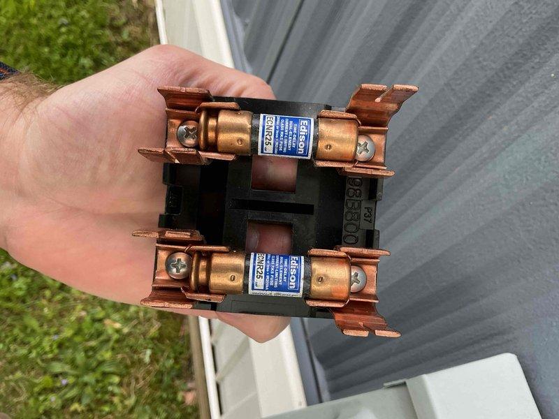 Performed preventative maintenance on residential air conditioning system. Inspected electrical components including capacitor, contactor, and fuse assembly. Verified all electrical connections were secure and functioning properly. System operating within normal parameters upon completion of maintenance visit.