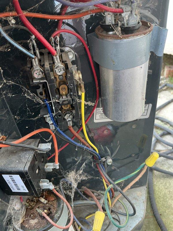 Completed scheduled maintenance on residential HVAC system including air conditioning and furnace units. Performed comprehensive inspection of electrical components, capacitor, contactor assembly, and wiring connections. Cleaned accumulated debris, cobwebs, and dust from control panel and interior components. Verified proper operation of all electrical connections and terminal blocks. System operational upon completion with all components functioning within normal parameters.