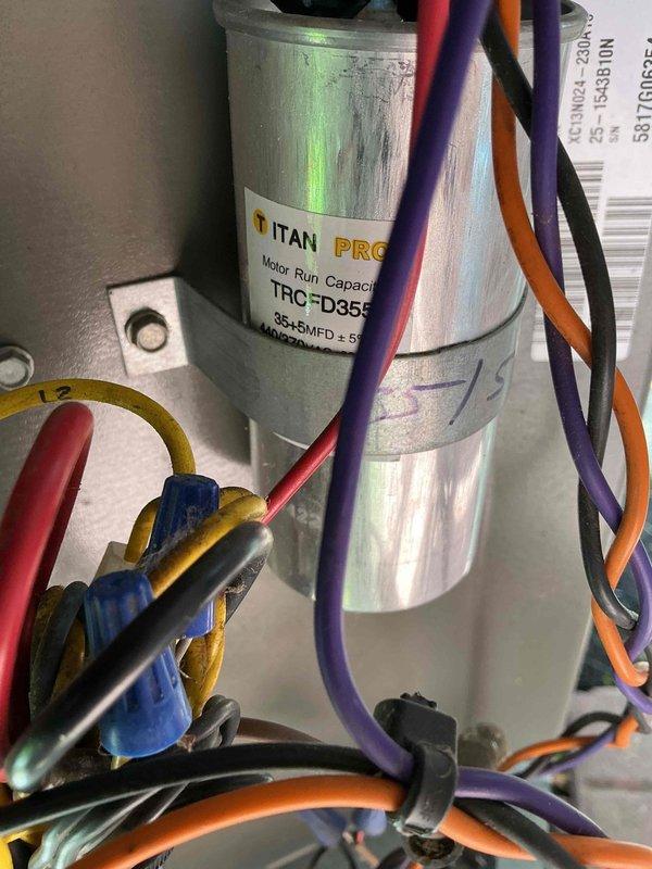 Completed routine maintenance on 8-year-old residential air conditioning system. Inspected outdoor condensing unit, verified proper operation of dual-run capacitor (35+5 MFD), checked all electrical connections and wiring integrity, and confirmed system functionality. Unit operating within normal parameters with no issues identified.