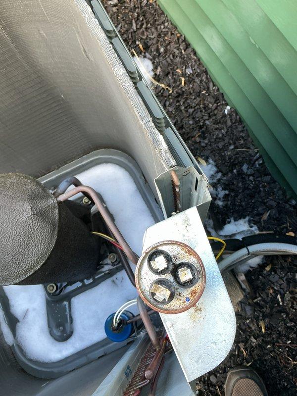 Completed annual air conditioning maintenance on 8-18 year old system under MVP plan. Replaced 16x25x1 pleated air filter with new unit. Inspected outdoor condensing unit and capacitor, noting corrosion present on terminal connections and normal weathering on copper refrigerant lines. All components operational and system running within normal parameters upon completion.