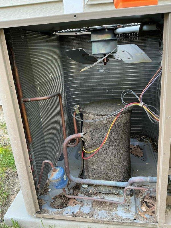 Completed scheduled air conditioning maintenance on outdoor condensing unit. Performed visual inspection of all accessible components including condenser motor, capacitor, refrigerant lines, and coil assembly. Unit showed signs of normal weathering with surface oxidation on copper lines and dirt accumulation at base. Motor housing displayed exterior corrosion and mildew growth consistent with outdoor exposure but remains operational. Condenser coils in acceptable condition. Documented equipment condition with photographs for maintenance records.
