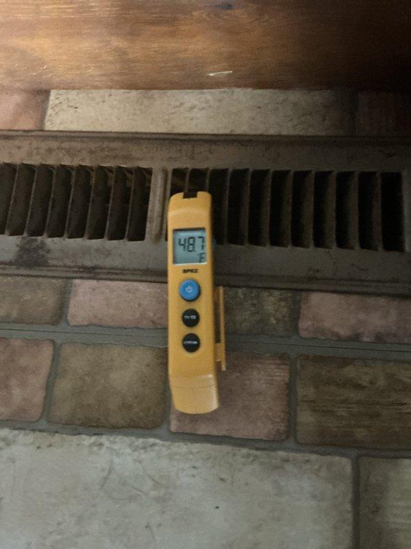 Completed routine cooling maintenance on aging air conditioning system over 10 years old. Performed electrical diagnostics using clamp meter, recording amperage draw of 6.7 amps, and measured supply air temperature at 48.7 degrees to verify proper system operation and cooling capacity.