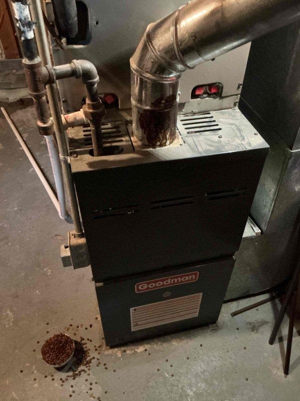 Responded to service call for inadequate cooling with system unable to maintain setpoint temperature and frozen refrigerant line at outdoor unit. Diagnosed 9-year-old Goodman AC system experiencing low refrigerant condition causing suction line icing and reduced cooling capacity. Identified refrigerant leak, performed leak detection, recovered remaining refrigerant, repaired leak point, evacuated system, and recharged to manufacturer specifications, restoring proper cooling operation and system performance.