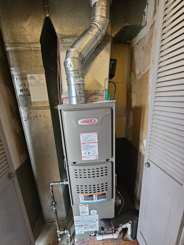 Completed installation of a 1.5 ton, 13 SEER Lennox air conditioning system with downflow cased coil in utility closet. Fabricated and installed lift box/coil base assembly with required metal components. Ran new 30-foot lineset (3/4" suction line) from indoor coil to outdoor condensing unit. 

Installed condensing unit in northwest corner of backyard near flower bed on custom-cut concrete pad. Excavated and prepared site with stone base for equipment pad placement. Ran new dedicated electrical circuit using 10 AWG wire over 50-foot distance from main panel, installed 30-amp breaker, and mounted 30-amp electrical disconnect at outdoor unit location. Connected all refrigerant lines, verified proper insulation, and completed all electrical terminations per manufacturer specifications.

Performed startup procedures including system evacuation, refrigerant charge verification, and operational testing. Confirmed proper airflow, temperature differential, and system cycling. Reused existing t