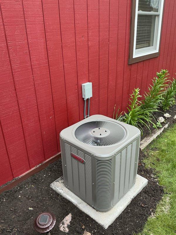 Completed installation of a 1.5 ton, 13 SEER Lennox air conditioning system with downflow cased coil in utility closet. Fabricated and installed lift box/coil base assembly with required metal components. Ran new 30-foot lineset (3/4" suction line) from indoor coil to outdoor condensing unit. 

Installed condensing unit in northwest corner of backyard near flower bed on custom-cut concrete pad. Excavated and prepared site with stone base for equipment pad placement. Ran new dedicated electrical circuit using 10 AWG wire over 50-foot distance from main panel, installed 30-amp breaker, and mounted 30-amp electrical disconnect at outdoor unit location. Connected all refrigerant lines, verified proper insulation, and completed all electrical terminations per manufacturer specifications.

Performed startup procedures including system evacuation, refrigerant charge verification, and operational testing. Confirmed proper airflow, temperature differential, and system cycling. Reused existing t