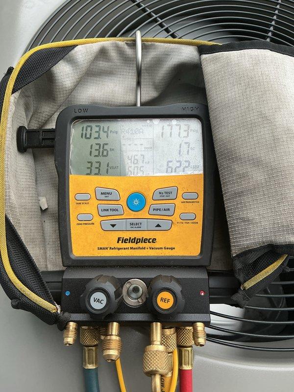 Performed scheduled maintenance on a 2-year-old residential air conditioning system. Conducted comprehensive system inspection including electrical connections at contactor terminal block, verified proper wire terminations and secure connections across all power and control circuits. Utilized refrigerant manifold gauges to measure system pressures and temperatures, confirming optimal refrigerant charge levels and system performance within manufacturer specifications.