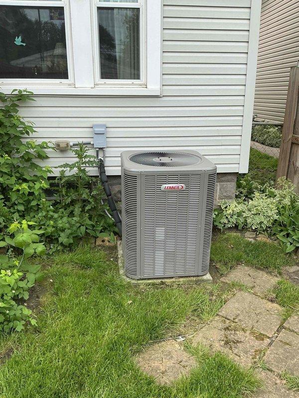 Completed MVP cooling maintenance visit on 1-year-old Lennox air conditioning system located on exterior concrete pad. Performed comprehensive system inspection including indoor air handler components with Carrier controls and copper refrigerant lines, verified proper operation of all mechanical components, checked refrigerant pressures, inspected electrical connections and safety controls, and confirmed optimal system performance. All equipment found operating within manufacturer specifications with no deficiencies noted.