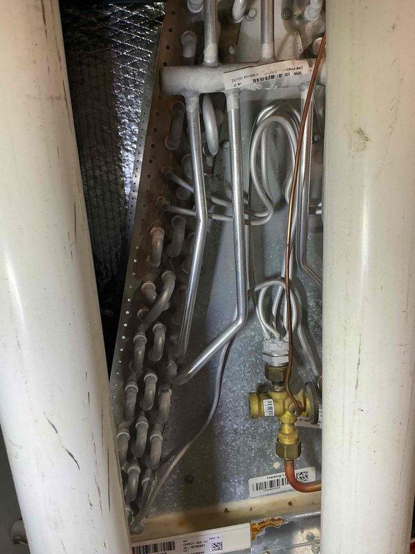 Completed routine cooling maintenance on multiple HVAC units (LM x2 239/241/246 KH 253 KS/353 KH). Inspected evaporator coil assemblies, refrigerant lines, service valves, and condensate drain pans; documented system conditions with photos showing all components operating within normal parameters.