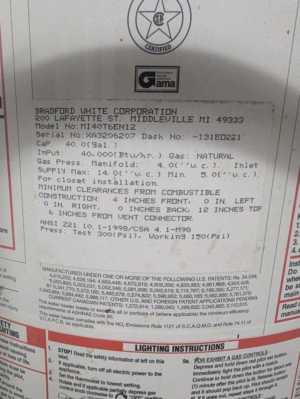 Responded to no water emergency call for landlord/tenant property. Assessed existing water heater system and provided quote for replacement of 40-gallon Bradford White natural gas water heater (Model M140T6FN12). Unit was installed in narrow utility closet with proper venting and copper supply lines with dielectric unions. Documented existing installation including energy guide labels, manufacturer specifications, and clearance requirements. Coordinated directly with landlord for approval and payment authorization prior to proceeding with replacement work.