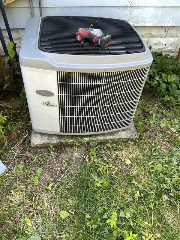 Completed annual air conditioning tune-up on 10-year-old Payne condenser unit. Performed standard maintenance procedures including inspection of electrical connections, refrigerant level check, condenser coil cleaning, and system operational testing. Unit running within normal parameters with no immediate repairs needed at time of service.