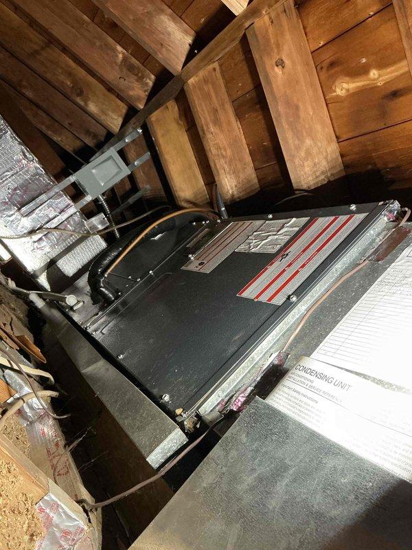 Completed comprehensive AC tune-up on 10+ year old system with air handler located in attic space. Performed full system inspection including capacitor testing, electrical connections verification, and visual assessment of all accessible components. All components found operating within normal parameters; no immediate repairs required at this time.