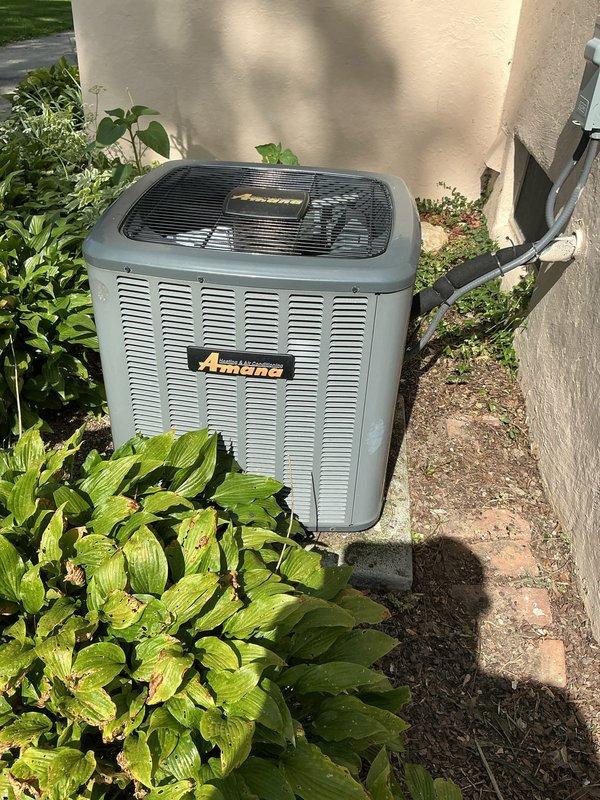 Completed prepaid air conditioning maintenance and furnace maintenance on 5-year-old Amana system. Performed comprehensive tune-up inspection of outdoor condenser unit and indoor furnace components, verifying proper operation of both heating and cooling systems per manufacturer specifications.