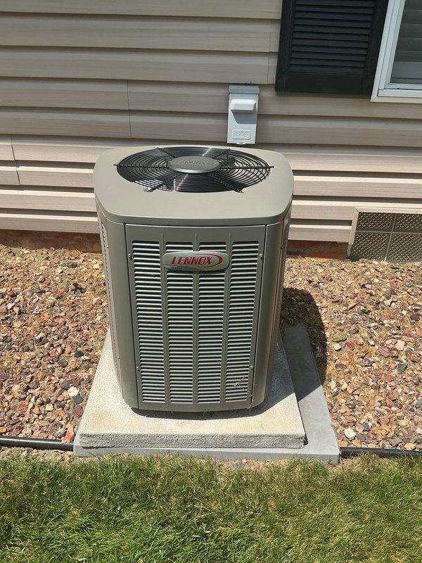 Completed routine maintenance on 3-year-old Lennox residential air conditioning system. Performed standard cooling season inspection including visual examination of outdoor condensing unit, electrical disconnect box, and associated components to ensure proper operation and system reliability.