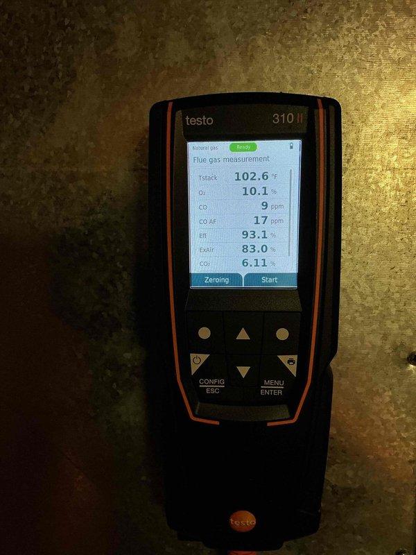 Completed scheduled heating and cooling system tune-up on Carrier HVAC unit. Performed comprehensive combustion analysis using Testo 310 II flue gas analyzer, confirming optimal system performance with stack temperature at 102.6°F, oxygen level at 10.1%, carbon monoxide at 9 ppm (17 ppm air-free), efficiency at 93.1%, and carbon dioxide at 6.11%. All readings within manufacturer specifications and safety parameters. Inspected furnace components, refrigerant lines, condensate drainage system, and electrical connections with no issues found.
