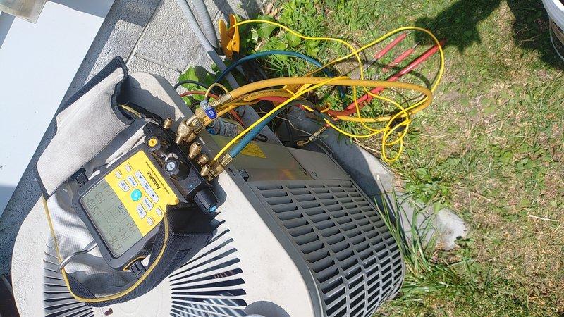 Responded to no cooling complaint on 18-year-old residential air conditioning system. Upon arrival, connected manifold gauges to outdoor condenser unit to diagnose refrigerant pressures and system performance. Evaluated operating pressures, checked refrigerant charge levels, and assessed compressor functionality. Given the age of the unit and cooling failure, performed complete system diagnostics to determine whether repair or replacement would be most cost-effective solution for the customer.
