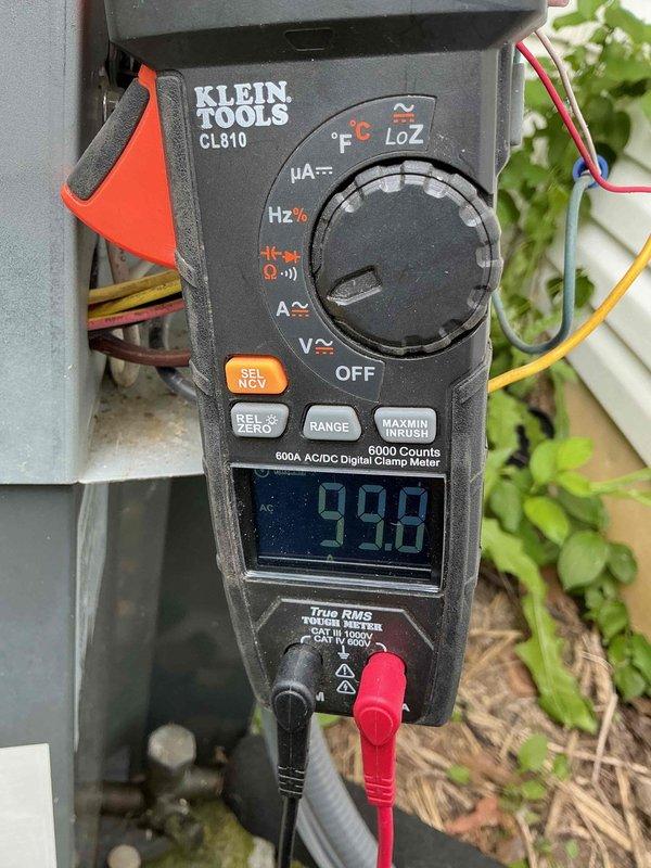 Responded to service call for circuit breaker tripping when air conditioning system operates. Upon arrival, performed electrical diagnostics using digital clamp meter at outdoor condensing unit. Measured amperage draw on system and found unit pulling 99.8 amps, significantly exceeding normal operating parameters for residential AC equipment. Inspected electrical panel and identified improperly sized circuit breaker for the air conditioning load. Determined excessive amp draw was causing nuisance tripping as breaker operated within design specifications but was undersized for equipment demand. Recommended immediate evaluation of compressor and condenser fan motor for electrical faults causing high amperage condition, as well as proper breaker sizing verification to ensure safe operation and prevent potential equipment damage or electrical hazards.